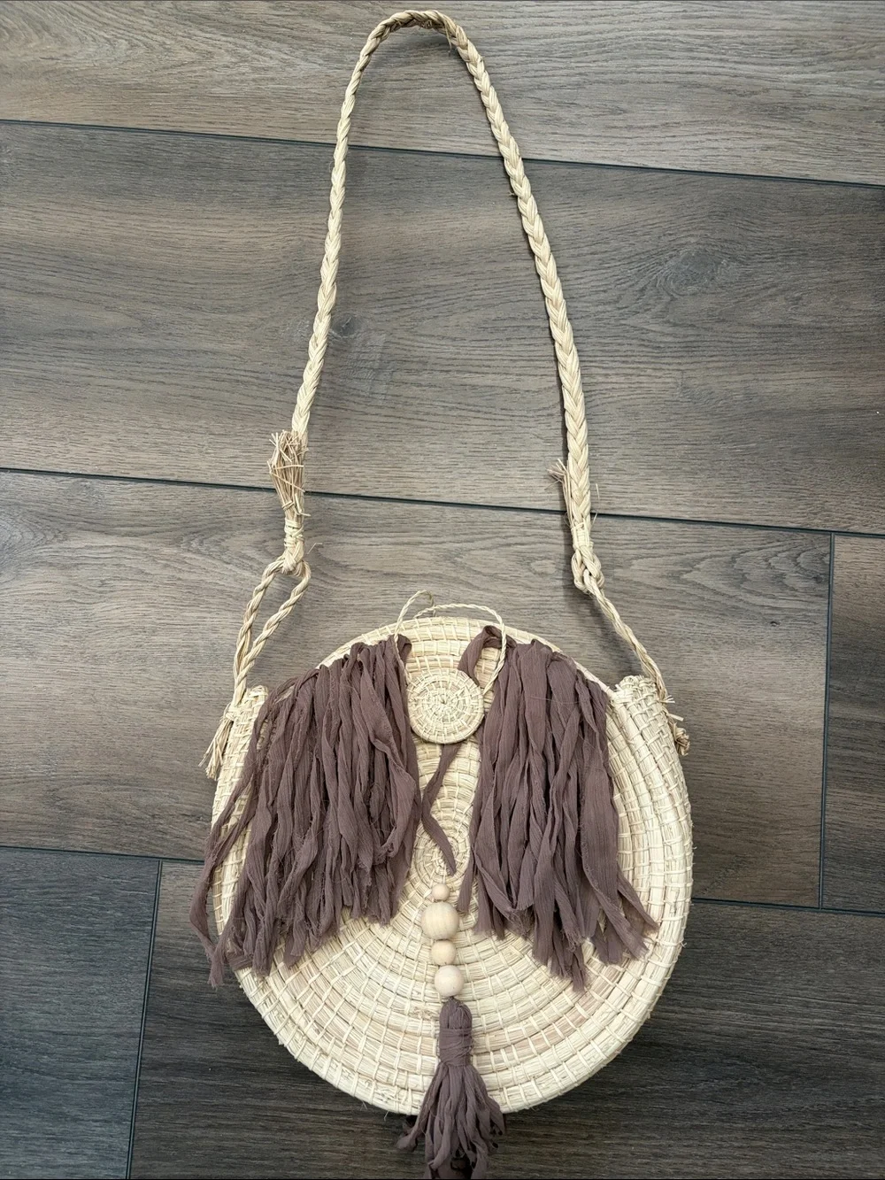 Woven Round Straw Crossbody Bag with Taupe Fringe